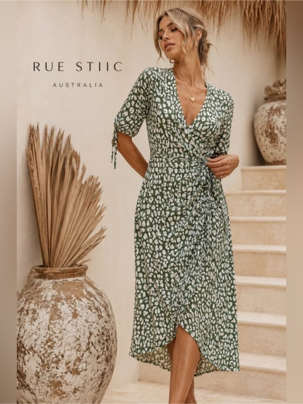 Rue Stiic Green White Abstract Print Wrap Midi Dress XS Made in Bali